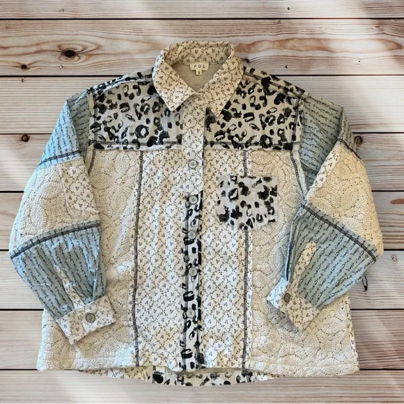 POL Patchwork Lace Leopard Floral Button up Jacket Shacket Cream and Black Small - Picture 1 of 9